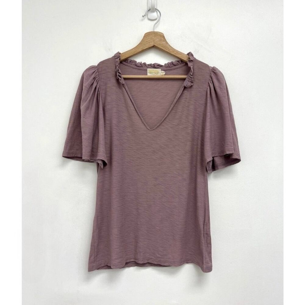 Nation LTD Tierra Flirty Flutter Sleeve V-Neck Short Sleeve Slub Cotton Tee-Med - Picture 13 of 14